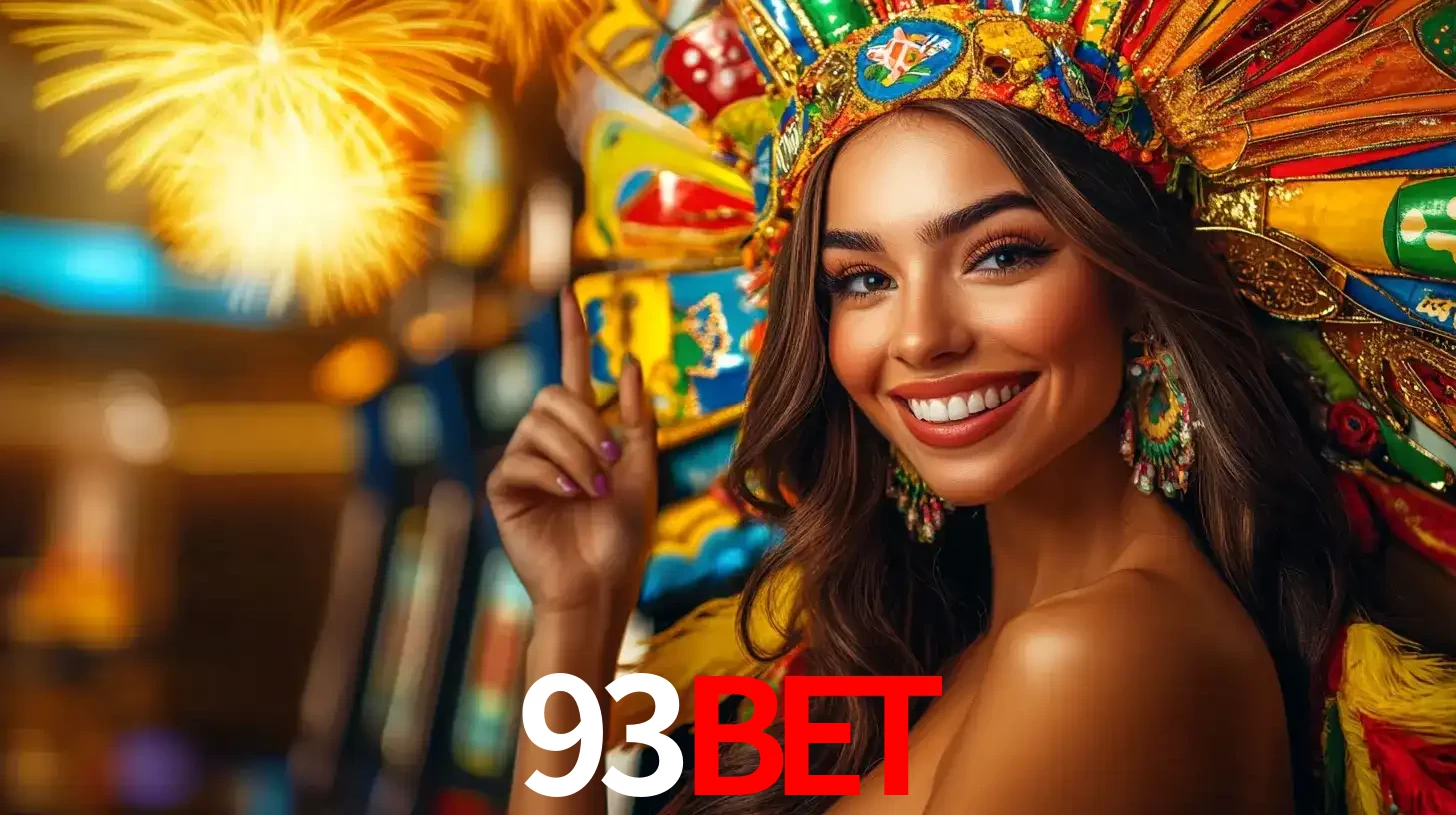 Mulher sorridente com um cocar de carnaval vibrante e colorido, celebrando uma grande vitória nos jogos do cassino 93BET com fogos de artifício ao fundo.