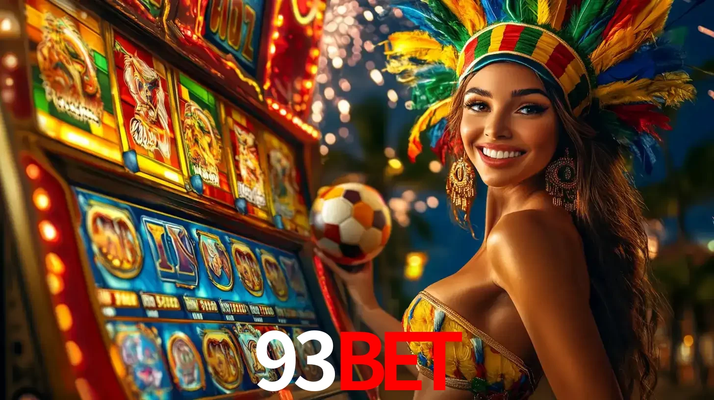Mulher com um cocar de carnaval ao lado de uma máquina de caça-níqueis enquanto segura uma bola de futebol, mostrando a união da diversão de cassino e esportes no 93BET.