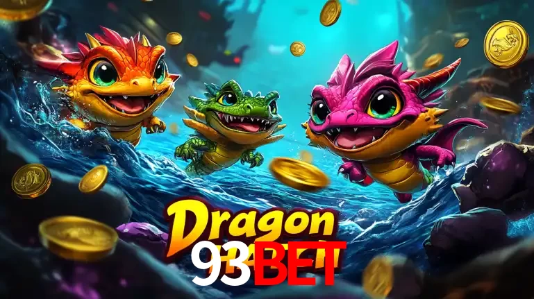 Arte promocional do jogo Dragon Hatch com três adoráveis dragões bebês nadando entre moedas de ouro, um dos slots mais divertidos para jogar no cassino 93BET.