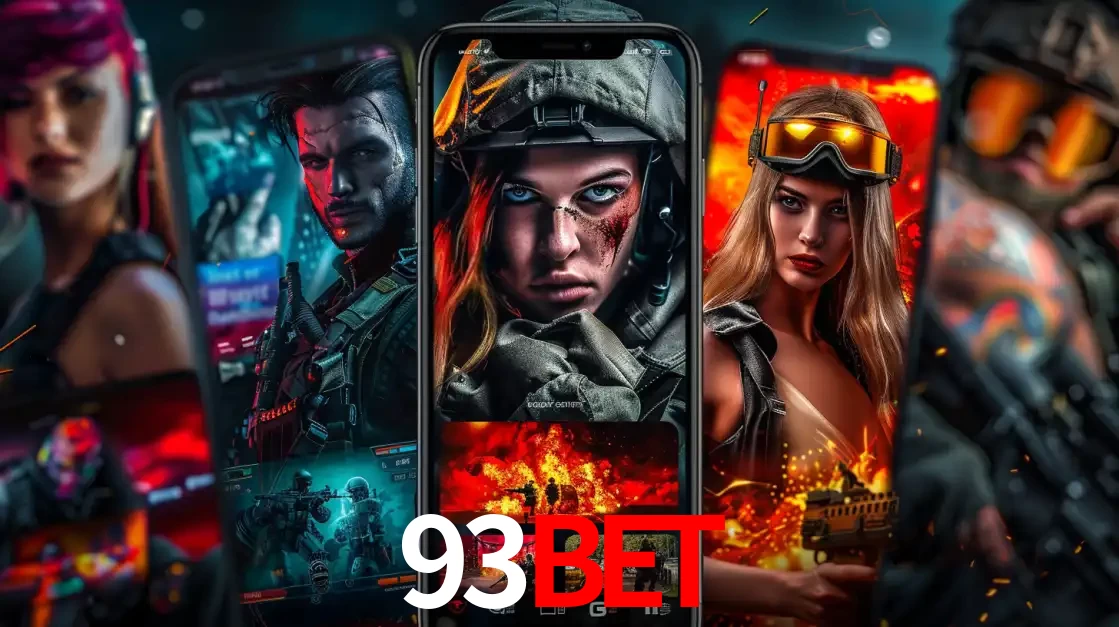 Montagem de telas de celular mostrando diversos personagens, masculinos e femininos, de um jogo de tiro, ilustrando a diversidade de equipes de e-sports para apostar no 93BET.