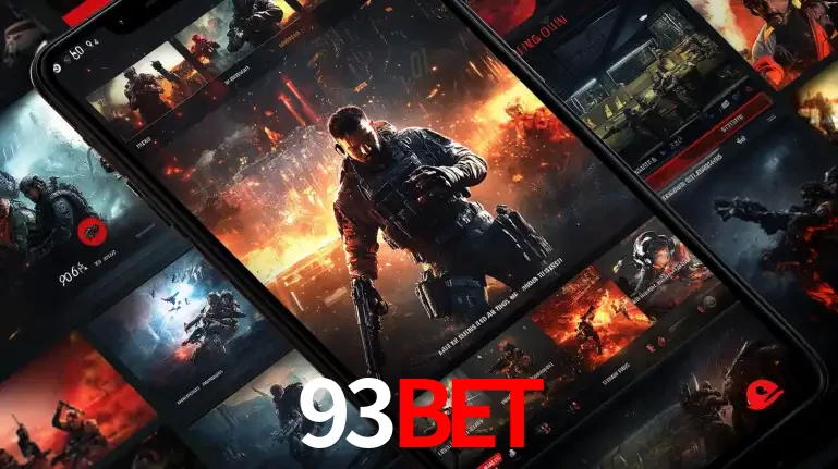 Tela de um celular exibindo uma galeria de jogos de tiro com temática militar, mostrando a variedade de e-sports disponíveis para apostas na plataforma de entretenimento 93BET.