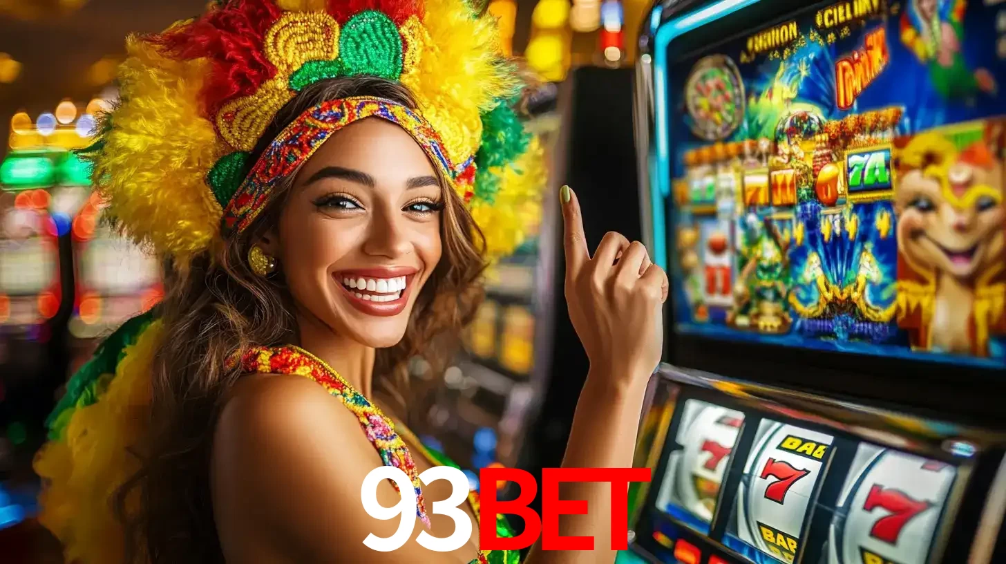 Mulher animada com um cocar de carnaval apontando para uma máquina de caça-níqueis, mostrando a emoção de ganhar um grande prêmio nos jogos do 93BET.