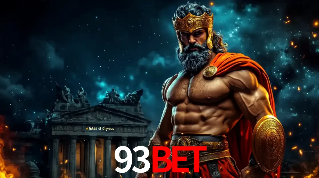 O poderoso Zeus do jogo de slot Gates of Olympus em frente ao seu templo, pronto para lançar multiplicadores divinos e prêmios épicos no cassino online 93BET.