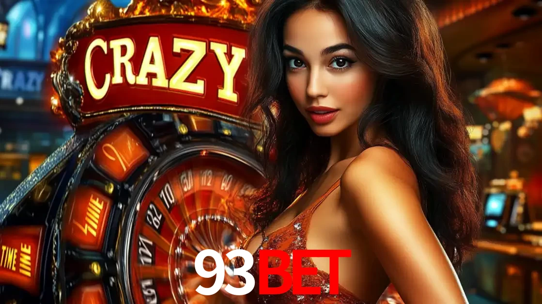 Mulher glamourosa olhando para a câmera com a roda vermelha do Crazy Time ao fundo em um ambiente de cassino, destacando a emoção dos jogos ao vivo no 93BET.