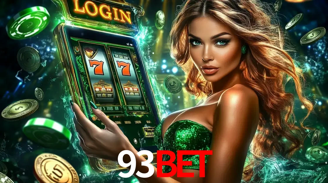 Mulher com tema verde apresentando o aplicativo do cassino 93BET com um jogo de slot de 777, cercada por fichas de cassino e uma aura de sorte.