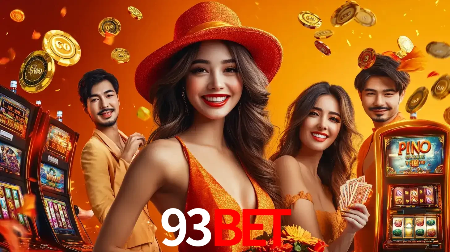 Grupo de amigos asiáticos sorrindo e se divertindo com máquinas de caça-níqueis em um ambiente festivo, celebrando suas vitórias nos jogos de cassino do 93BET.