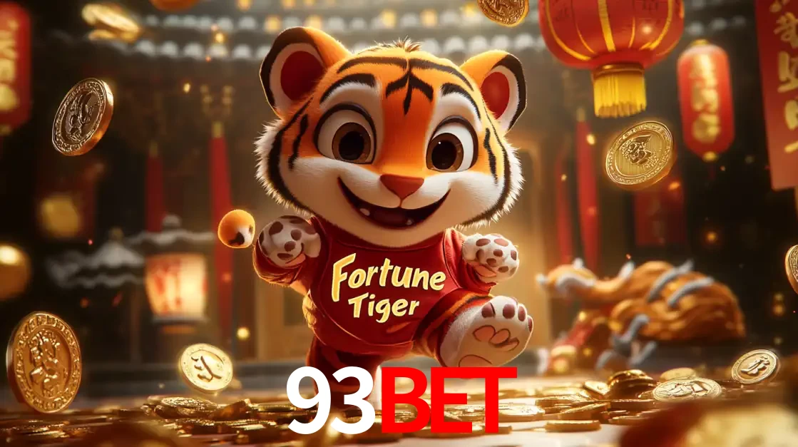 O alegre personagem do Fortune Tiger correndo sobre um caminho de moedas de ouro, simbolizando os grandes prêmios e a diversão do popular jogo de slot do 93BET.