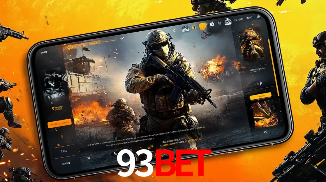Um smartphone exibindo a interface de um jogo de tiro em primeira pessoa, com um soldado em um cenário de batalha, representando a ação dos e-sports para apostar no 93BET.