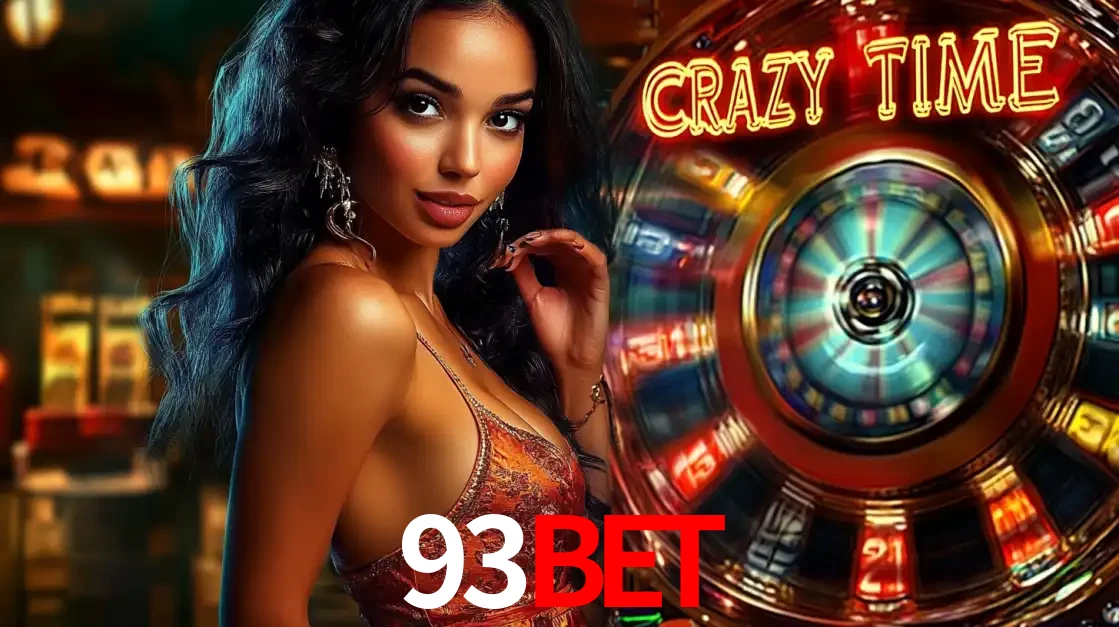 Mulher elegante ao lado da vibrante roda da fortuna do jogo de cassino ao vivo Crazy Time, um dos game shows mais populares e cheios de prêmios do 93BET.