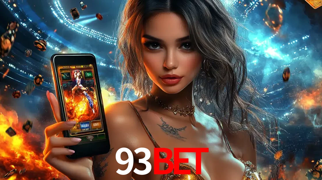 Mulher segurando um celular com um jogo de slot em destaque, tendo como fundo um estádio vibrante, simbolizando a emoção de jogar no cassino móvel 93BET.