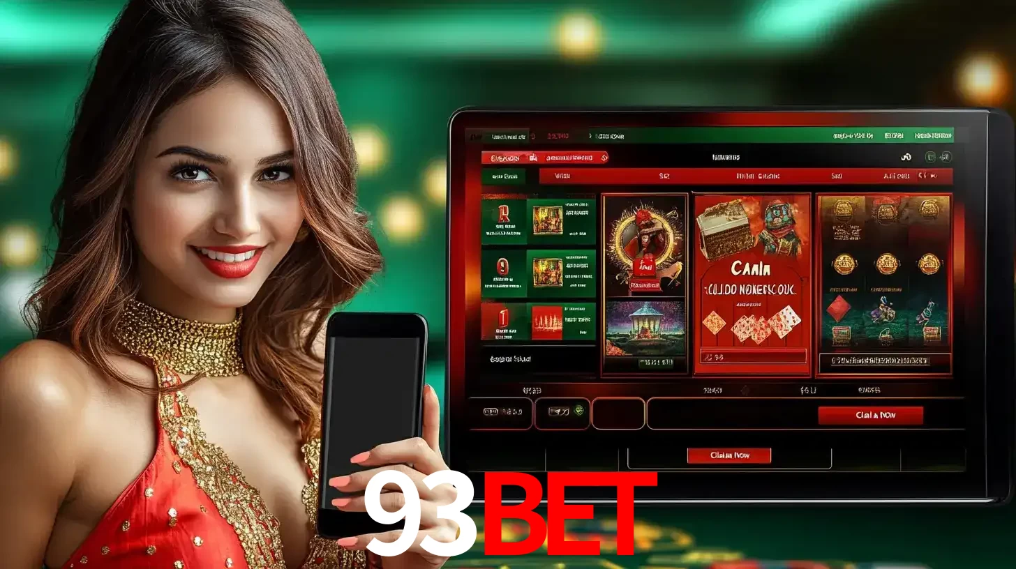 Mulher sorridente segurando um smartphone, ao lado de uma tela exibindo o lobby de jogos do cassino online 93BET, com várias opções de jogos de cartas e slots.